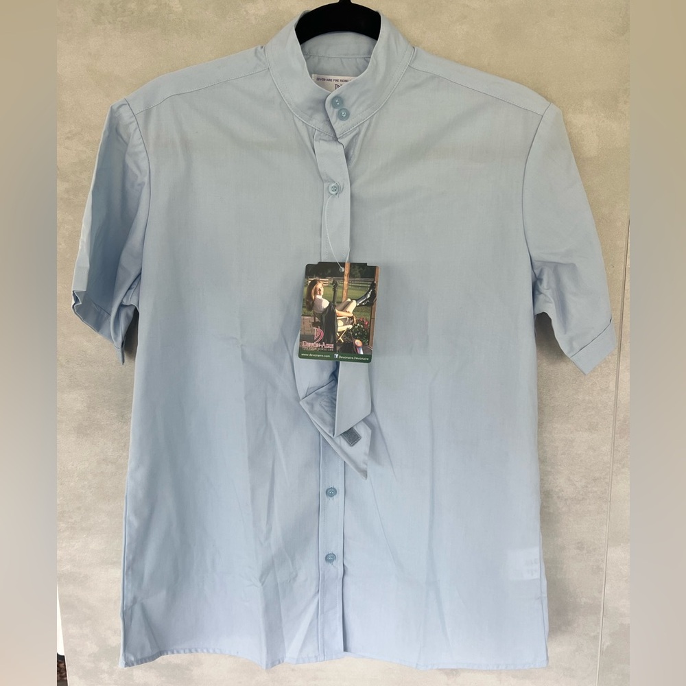Devon Aire show shirt blue Button Down short sleeve 34 equine ride equestrian